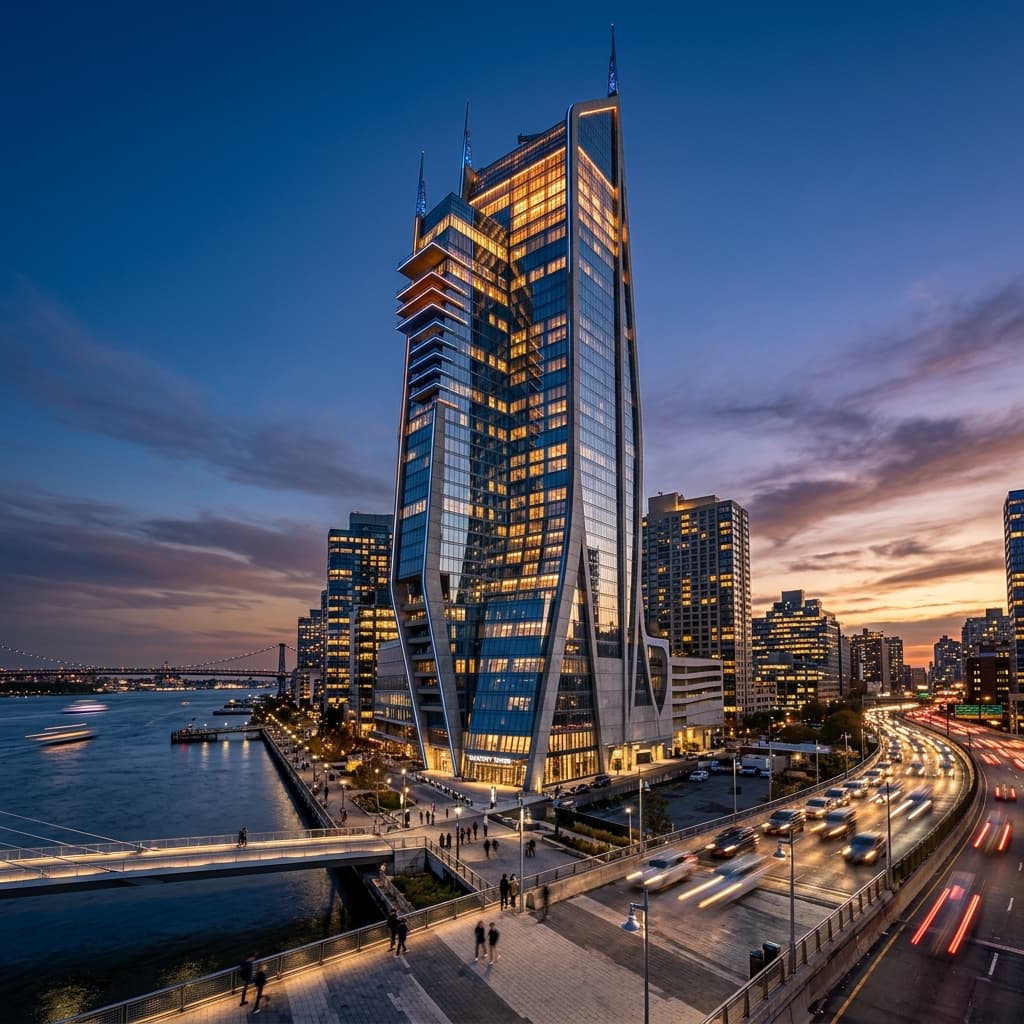 Modern glass skyscraper at twilight